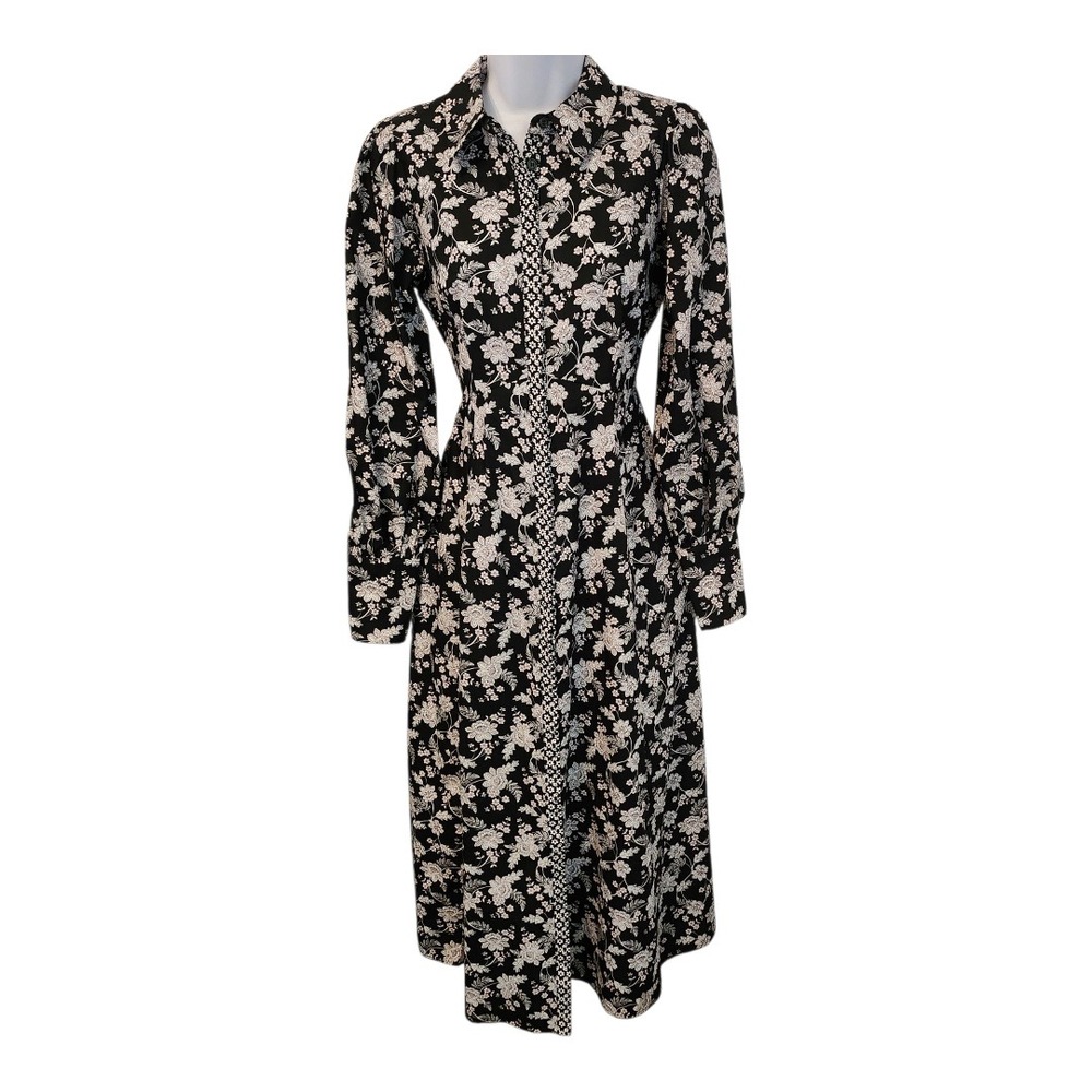 Boden UK 6 US 2R Black Floral Empire Long Sleeve Midi‎ Shirt Dress Cottage